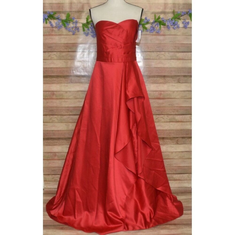 NWT Betsey & Adam Red Formal Prom Gown Dress Maxi Strapless Ruffle Size 14